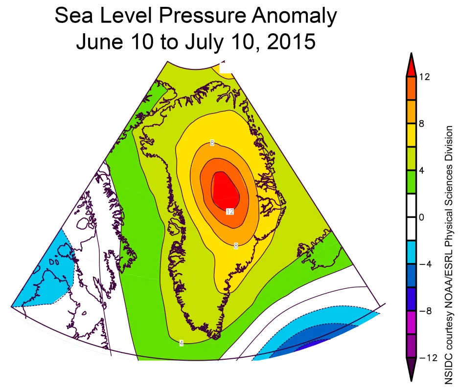 Plot of sea level pressure anomalies for June 10 to July 10, 2015