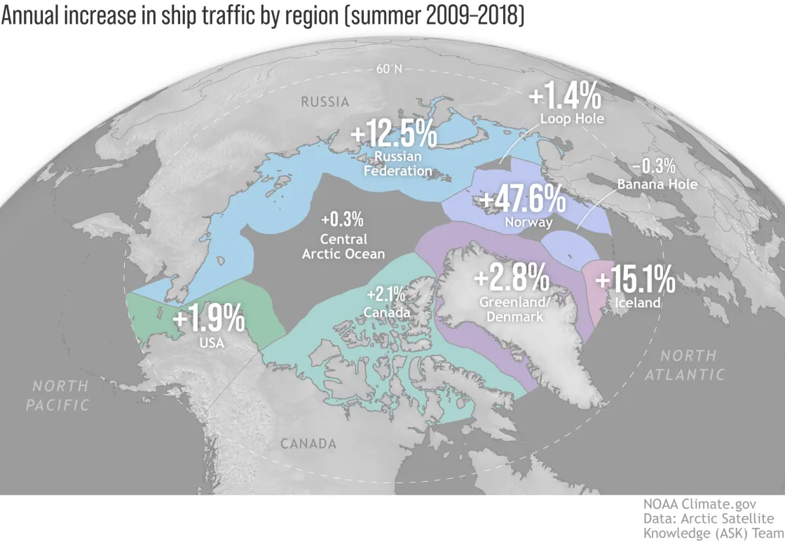 Map of increased Arctic shipping