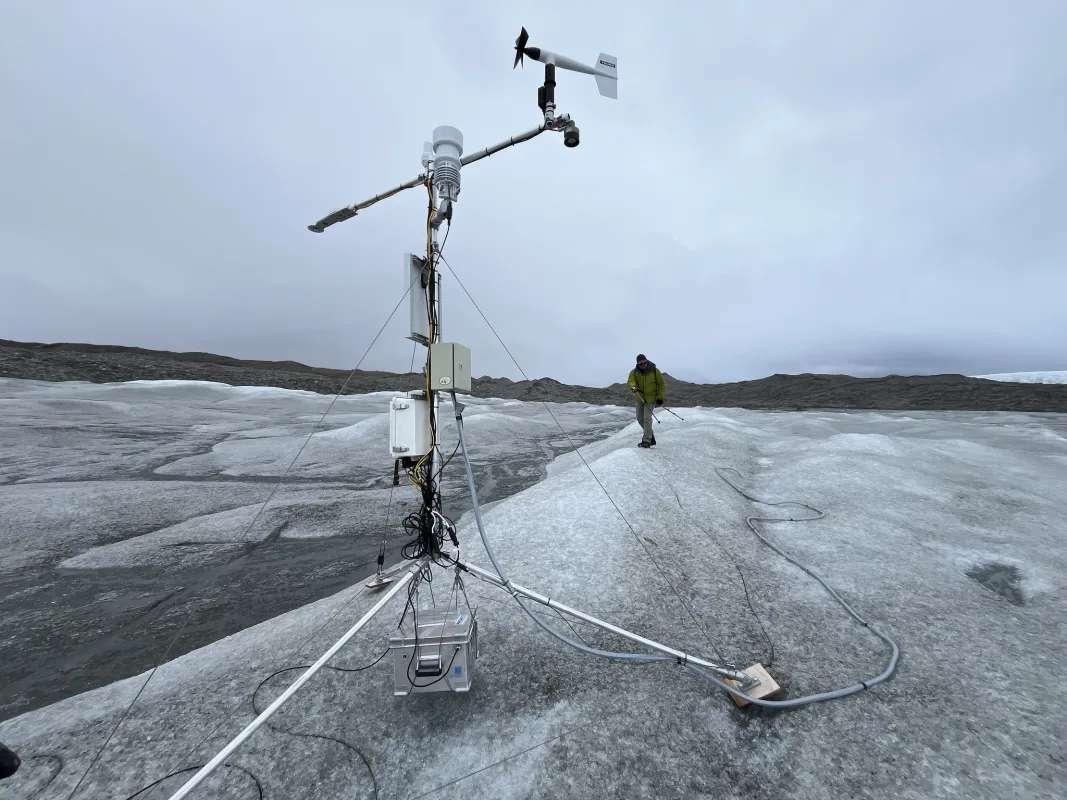 Photo of science instruments on Greenland Ice Sheet