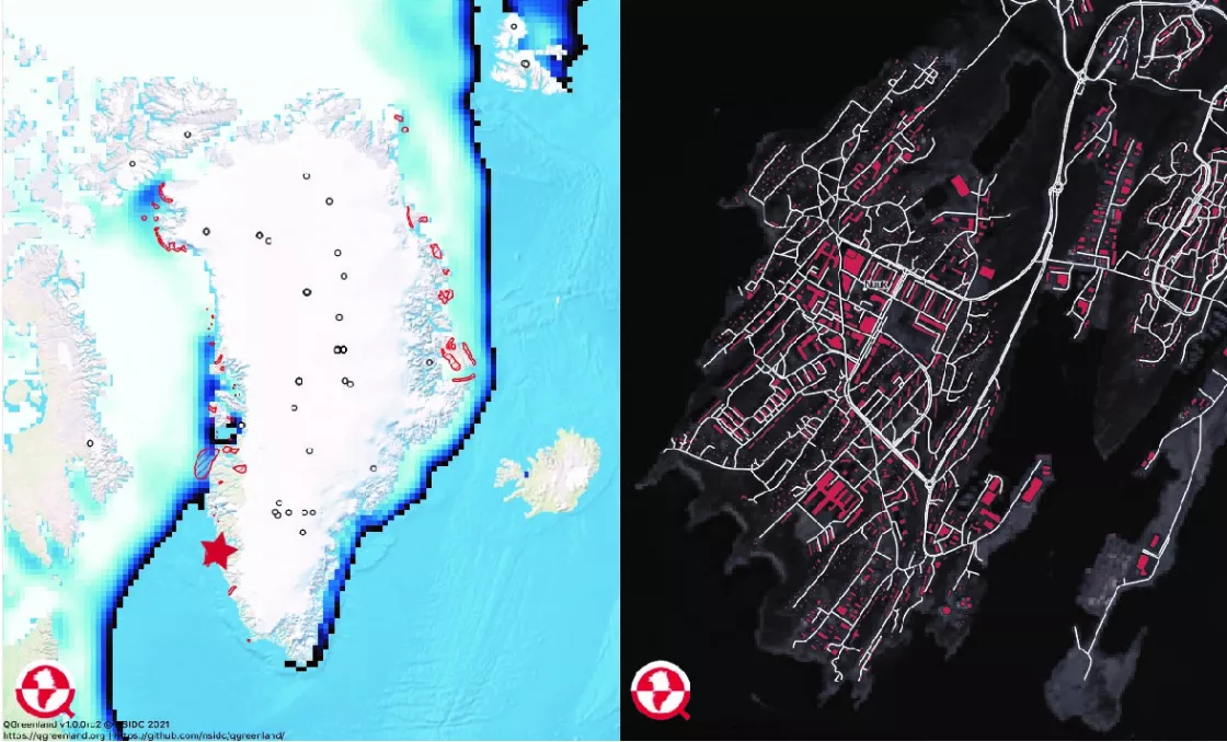 QGreenland allows for looking at data like sea ice concentration, bird protected areas and ice core locations on a large island-wide scale (left) or browsing on a local community level (right). The image on the right shows roads and buildings in Nuuk, Greenland. Credit: Twila Moon | High-resolution image