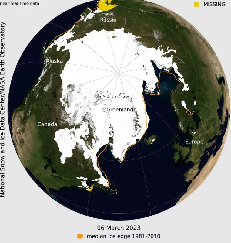 This NASA Blue Marble image shows Arctic sea ice on March 6, 2023, when sea ice reached its maximum extent for the year. Sea ice extent for March 6 averaged 14.62 million square kilometers (5.64 million square miles), the fifth lowest in the satellite record.