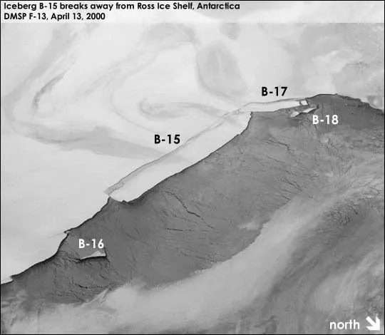 Satellite image of calved icebergs