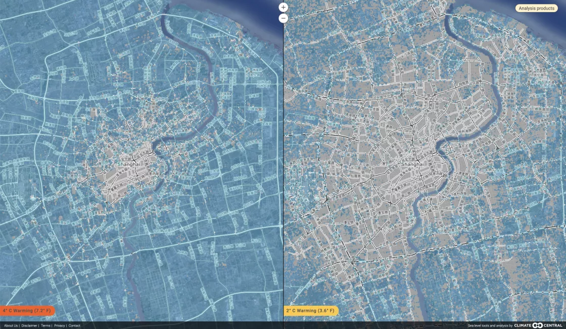 Map illustrating areas of Shanghai under water with a 2°C (right) and 4°C (left) world 