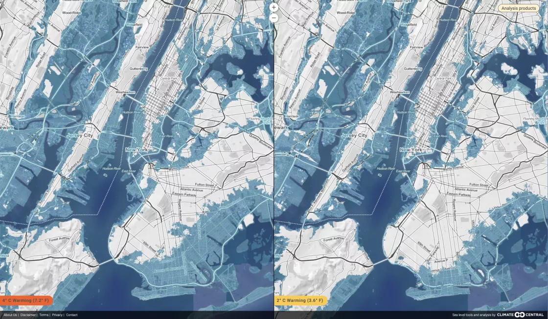 Map of New York City and New Jersey showing areas of water in 2°C (right) and 4°C (left) warmer world (post industrialization)