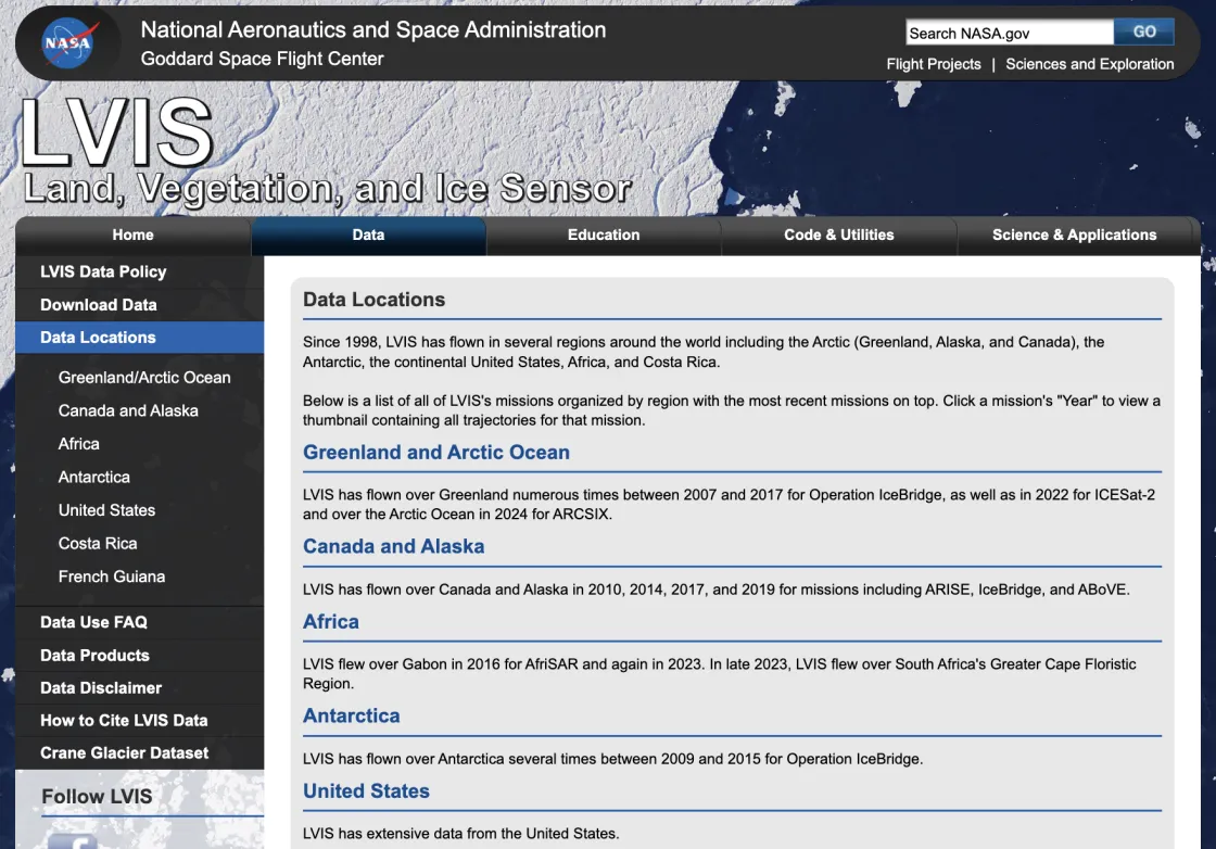 Land, Vegetation and Ice Sensor (LVIS) data location page