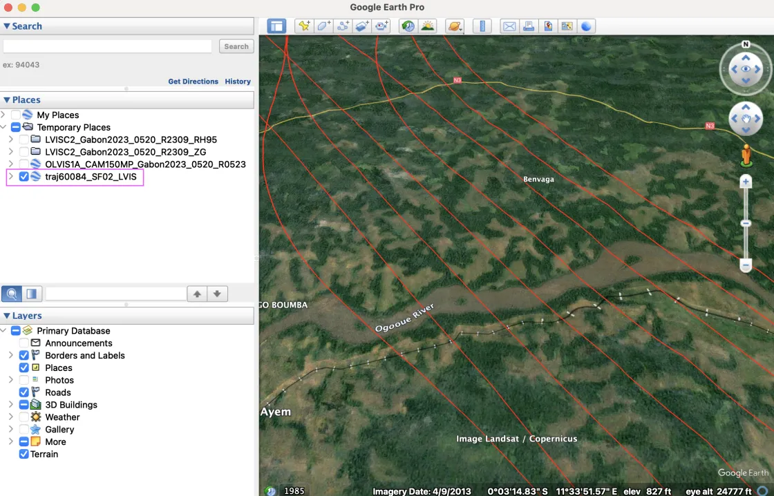 Flight line trajectories over a section of the Ogooue River in Google Earth Pro