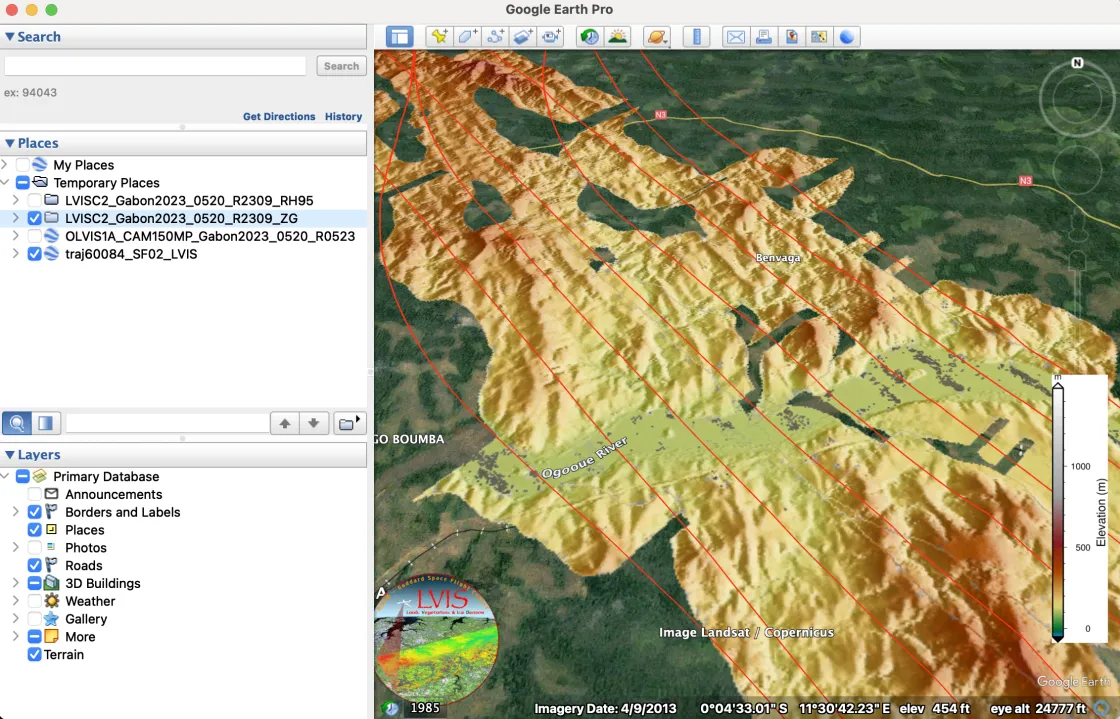 Example of the bare ground height data in Google Earth Pro