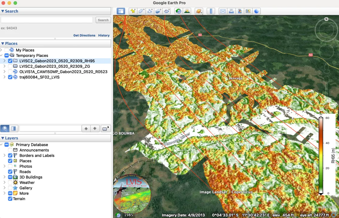 Example of canopy height data in Google Earth Pro