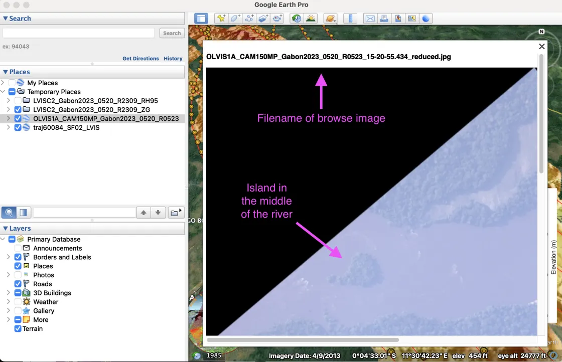 Photo browse showing image of island in river and text showing filename of the image