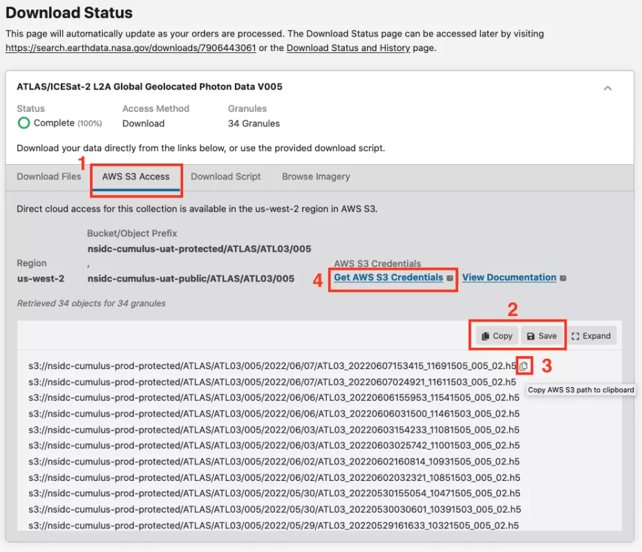 Download Status page in Earthdata search that lists S3 links and link to AWS S3 credentials