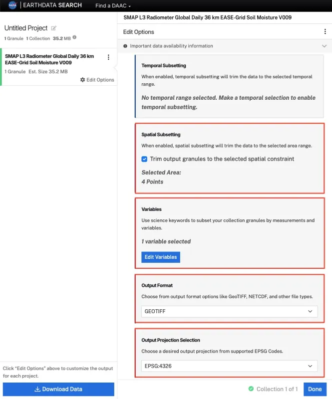 A NASA Earthdata Search download options form showing the Harmony customization options available via the sds/HOSS-regridder-reformatter service chain. A NASA Earthdata Search download options form showing the Harmony customization options available via the sds/HOSS-regridder-reformatter service chain.