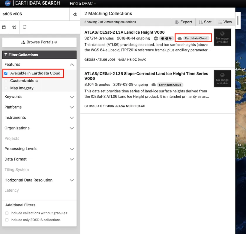 Screenshot of indicators in Earthdata Search for datasets available in the Earthdata Cloud