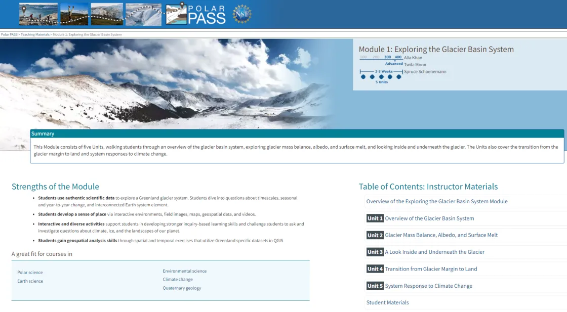 The Polar Places and Spaces (PolarPASS) team has created two modules to teach students about polar research. Module 1, pictured here, is on “Exploring the Glacier Basin System.”