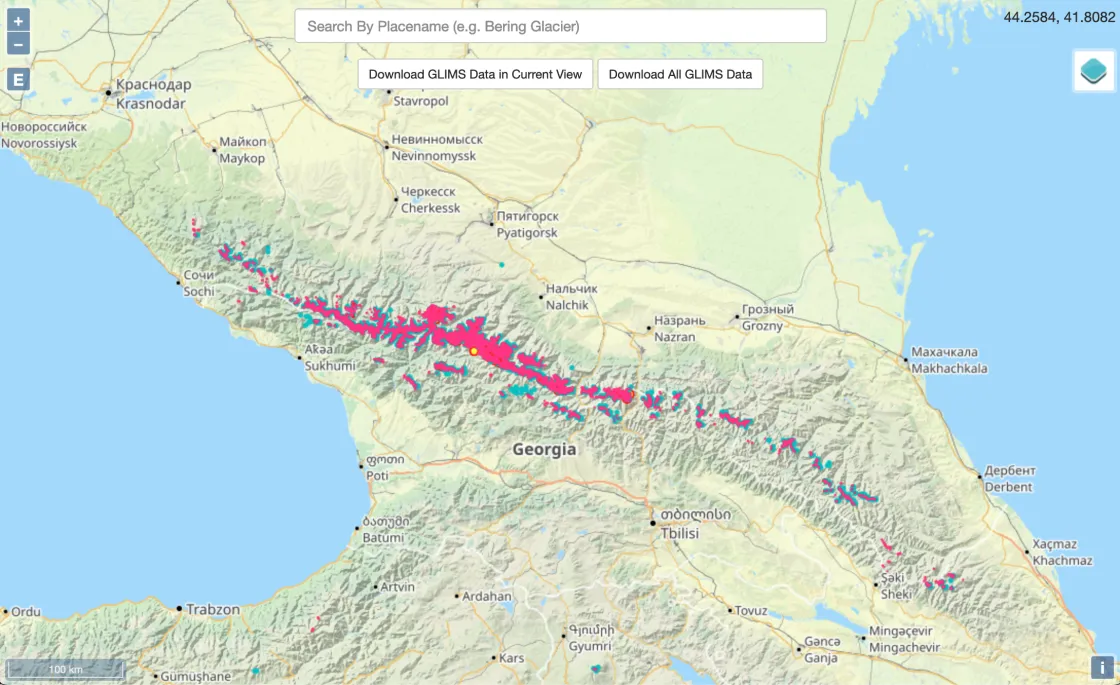 Screenshot of GLIMS Glacier Viewer centered on the Caucasus