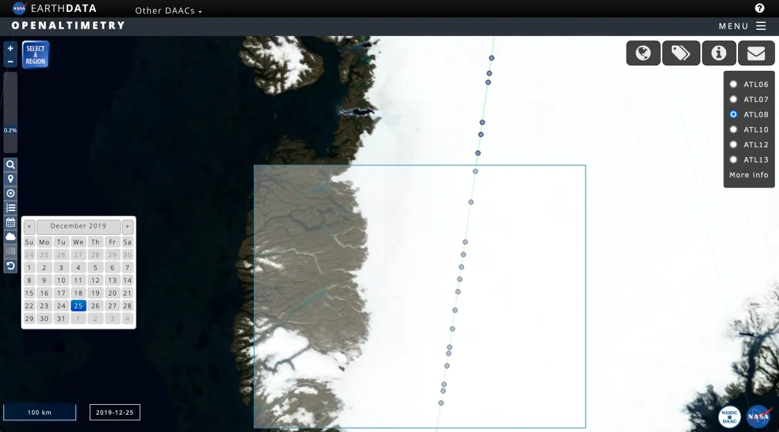 OpenAltimetry screenshot showing selected region