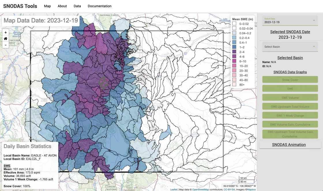 The SNODAS Tools website provides access to a historical archive of SNODAS data products for Colorado water supply basins. 