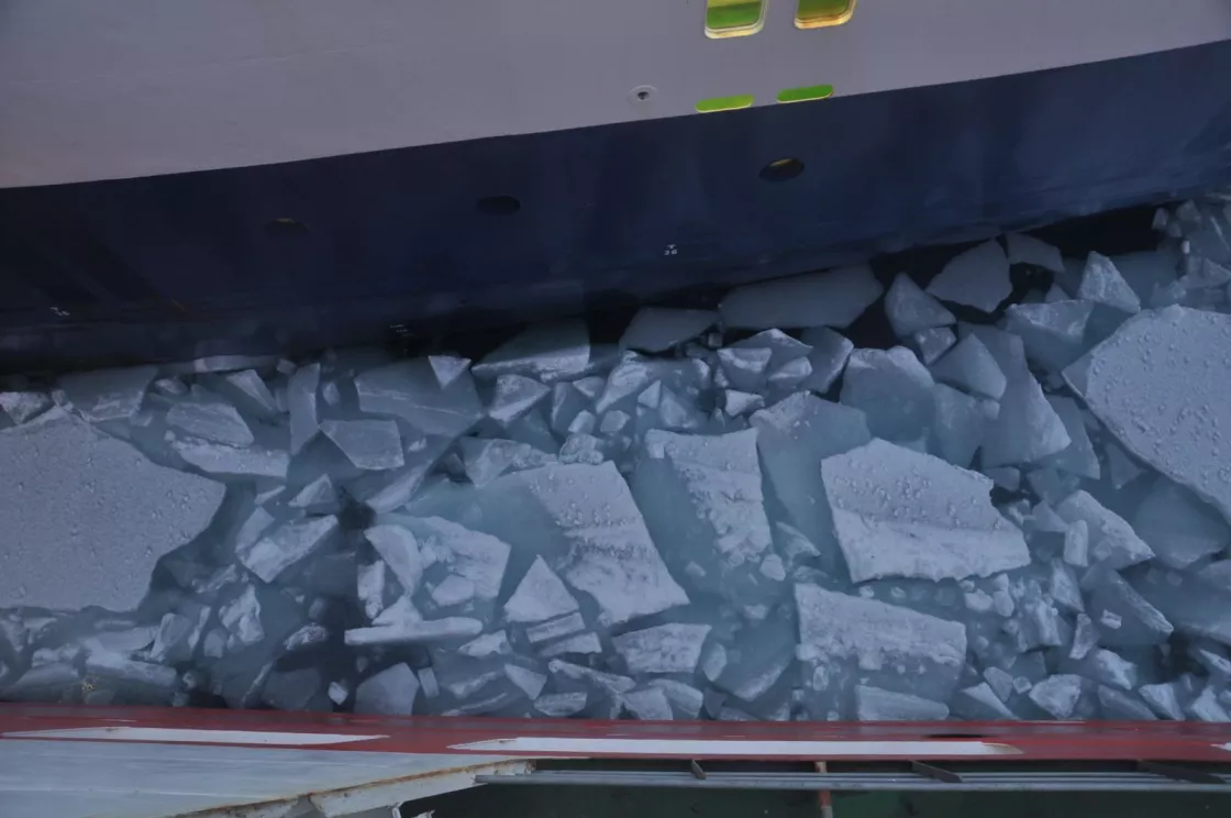 A mosaic of ice floes between the Polarstern and the Fedorov during a rendezvous on the Arctic Ocean. 