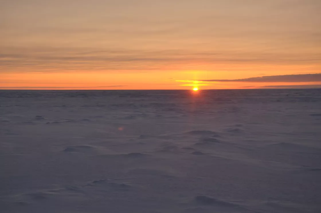 The sun rises over Arctic sea ice. In the far north, the sun never rises much higher than the horizon— creating a perpetual “golden hour” during the day. 