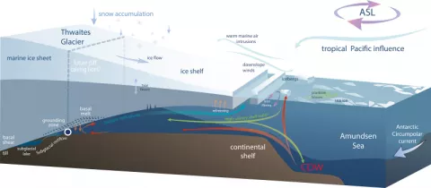 “Warm” water, a few degrees above freezing, flows up from well below the surface of the ocean onto the continental shelf. It then flows along the bottom of the shelf until it reaches the point where the ice sheet begins to float, called the ‘grounding line’. The water melts and thins the ice, causing it to retreat and flow faster.