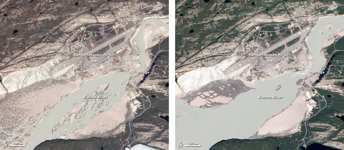Satellite images showing Watson River flooding after the record 2012 Greenland surface melt