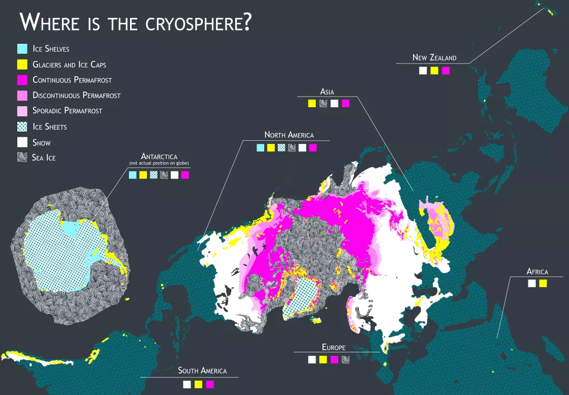Map of where the cryosphere is on the globe