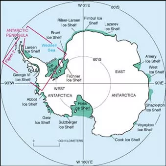 map of antarctica with Antarctic peninsula and Larsen ice shelf shown