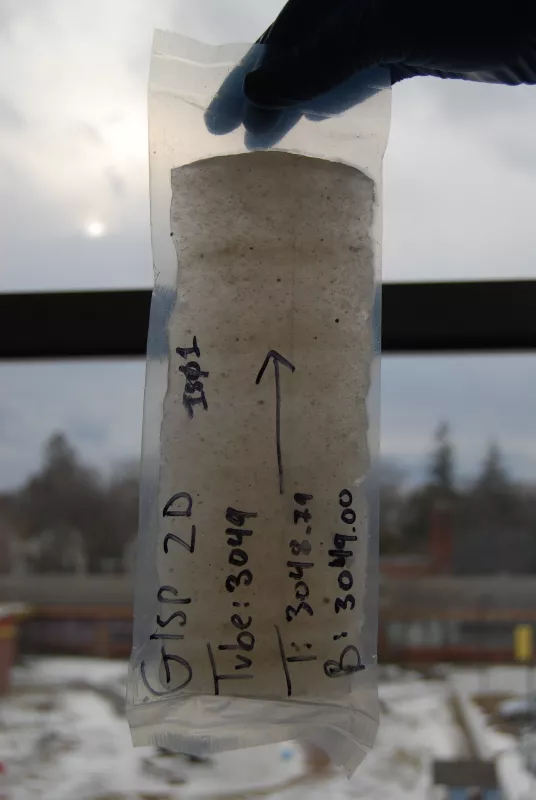 Photograph of an ice core sample from the Greenland Ice Sheet