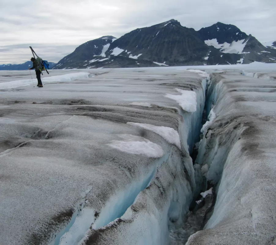 navigating between crevasses on icefield in Canada