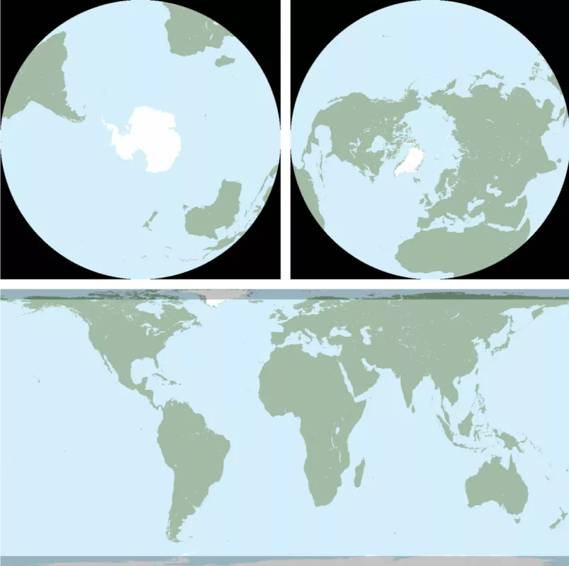 EASE-Grid map projections: The Southern Hemisphere Azimuthal (top left), the Northern Hemisphere Azimuthal (top right), the Global Cylindrical (bottom), and the Temperate Cylindrical (bottom)