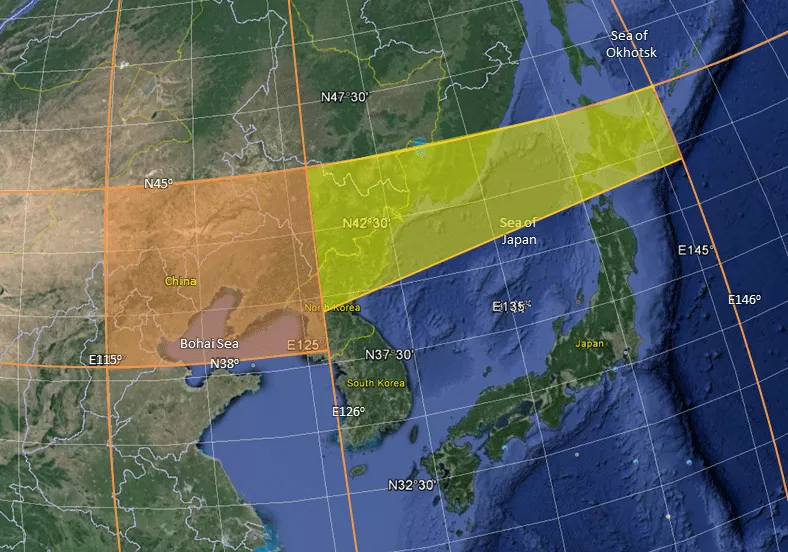 Extended coverage over Korea and Japan.