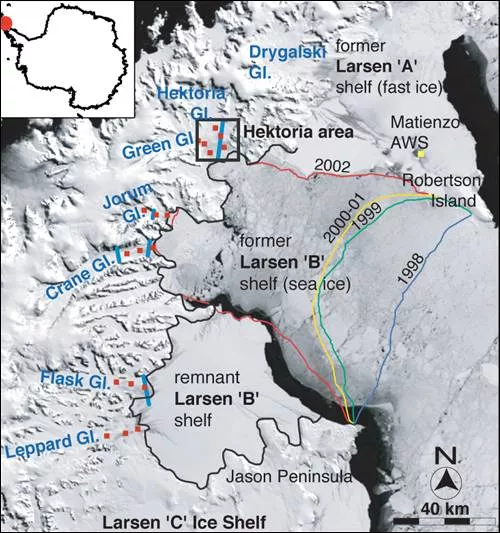Satellite image annotated with glacier flow speeds