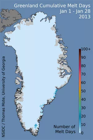 Data image showing cumulative melt days on the Greenland Ice Sheet, January 1-28, 2013