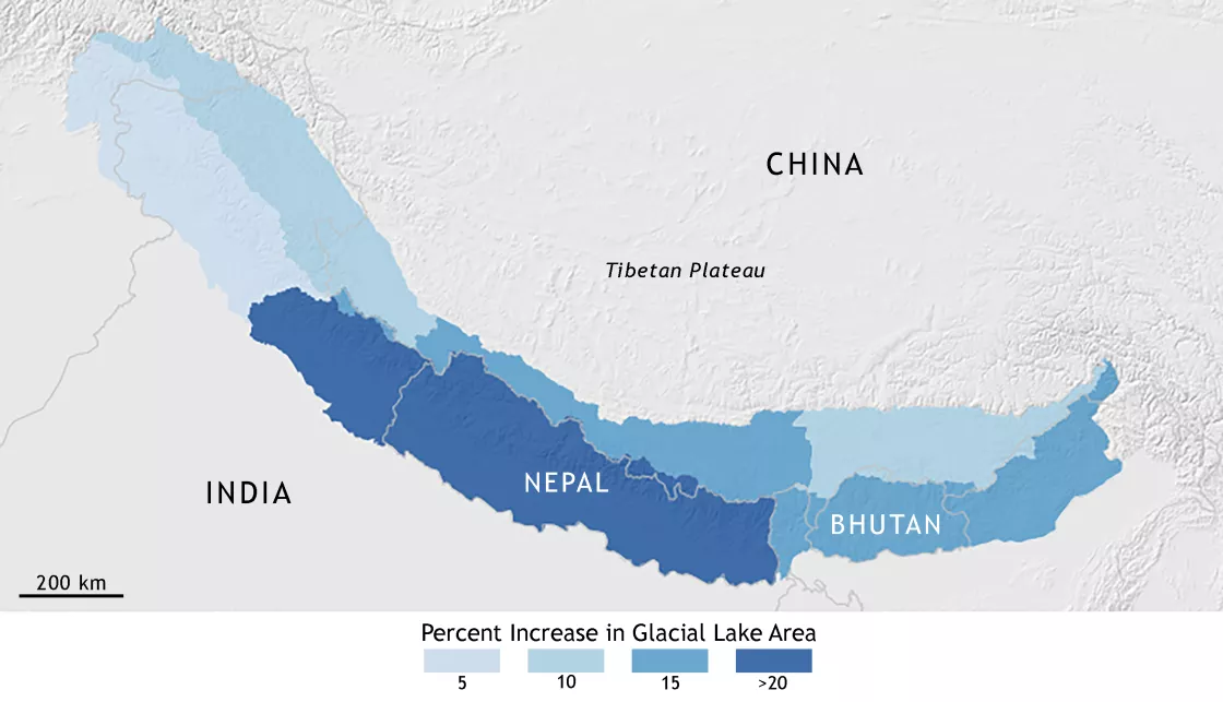 A map showing increases in glacial lakes from 1990-2015
