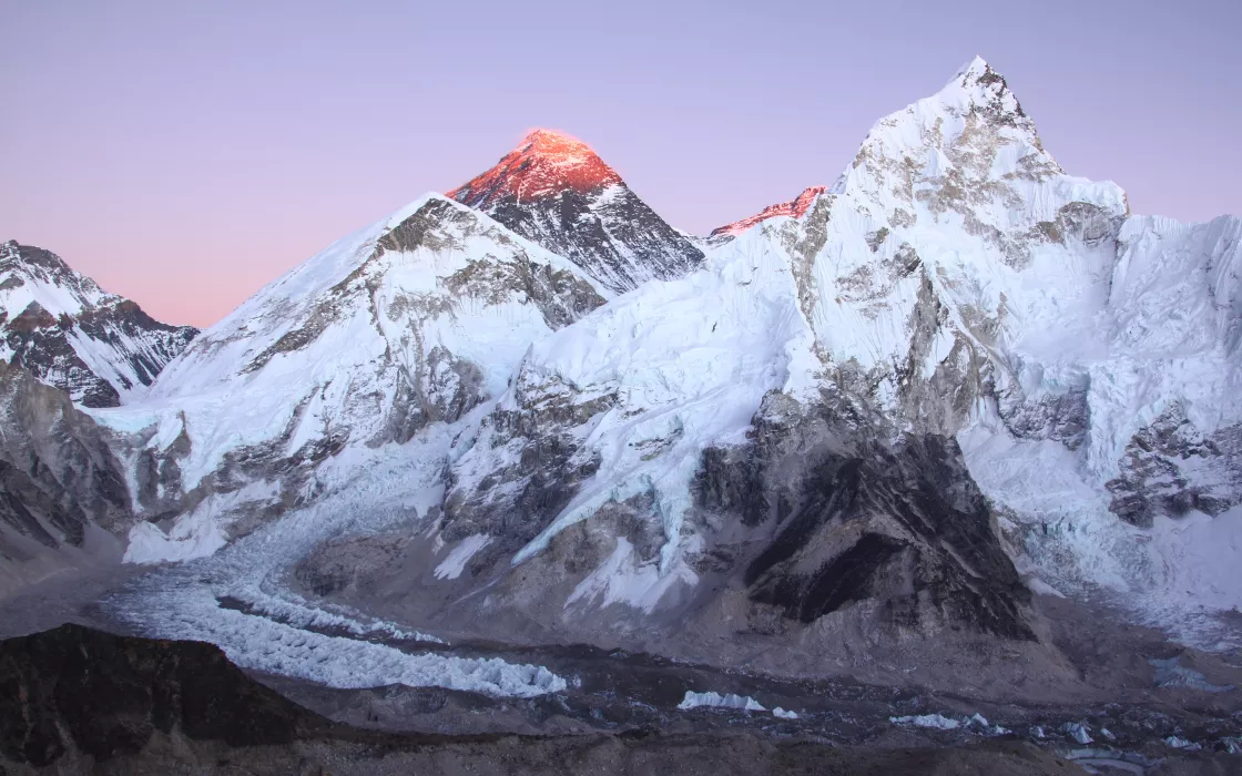 Sunset view from Kala Patthar at Mt. Everest, Khumbu Icefall is in the foreground