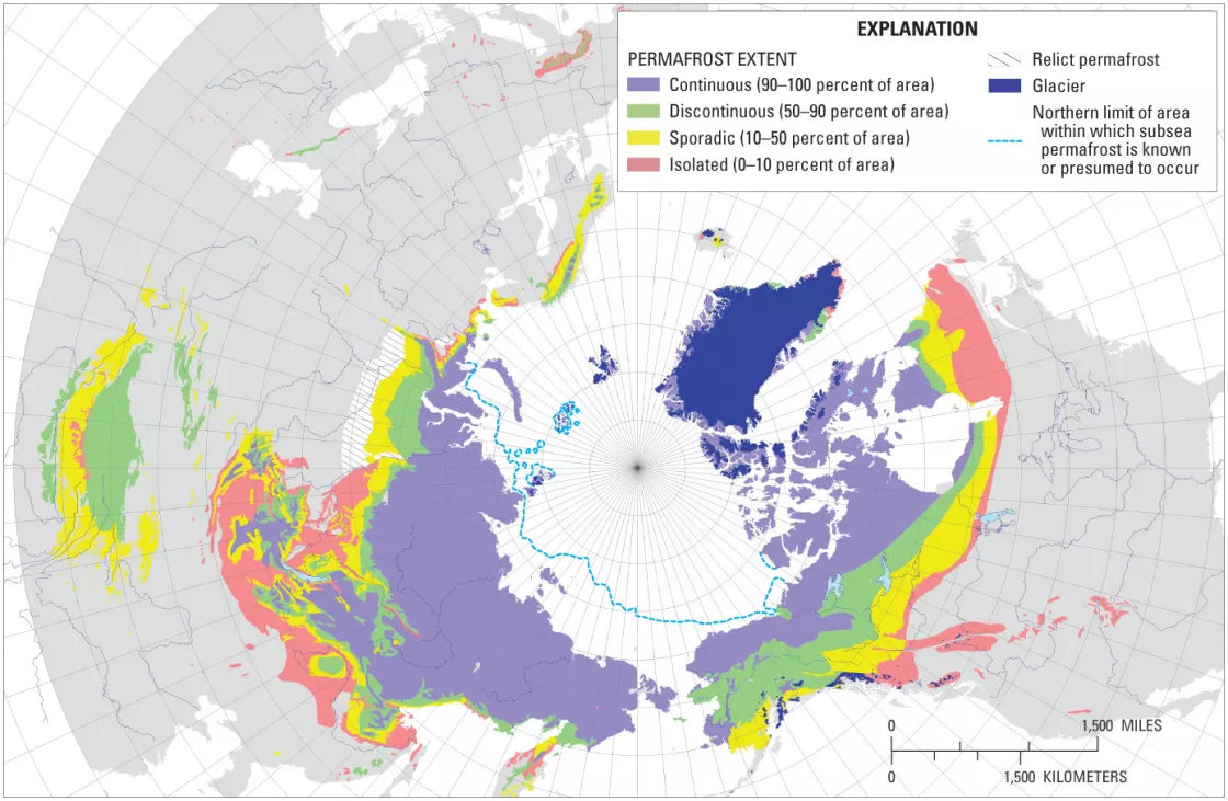 map of area of permafrost on globe