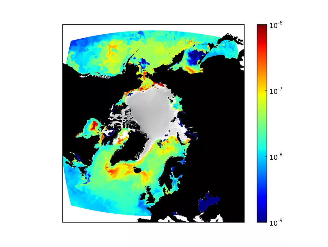 A computer model depicts Arctic primary production in color for September. Sea ice appears in grey while bright spots in some areas show very intense carbon fixation by phytoplankton. Photo credit: Oliver Jahn and Stephanie Dutkiewicz, MIT 