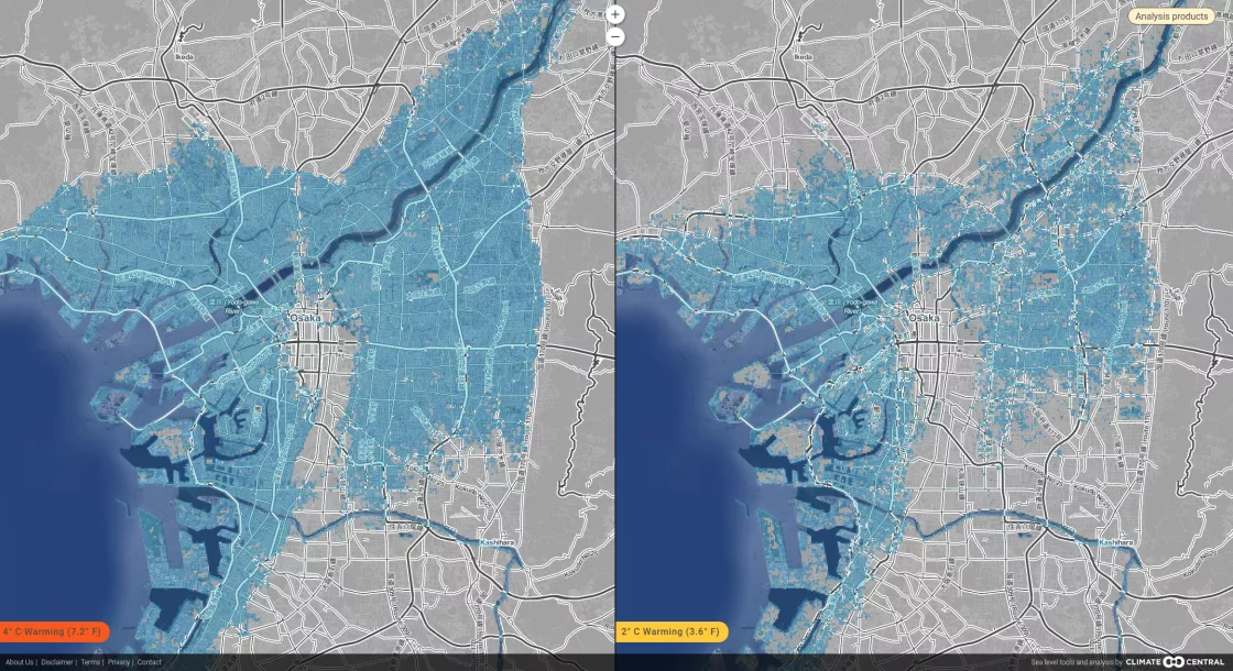 Graphic of parts of Osaka under water with 2°C (right) and 4°C (left) scenario
