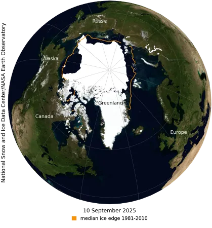 This NASA Blue Marble image shows Arctic sea ice on September 10, 2025