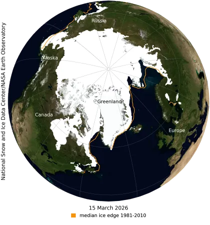 NASA blue marble of Arctic sea ice extent on March 15, 2026