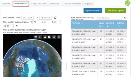 Image of the NSIDC DAAC data access tool interface