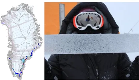 Figure 4. Left, map of Greenland showing areas mapped by Operation IceBridge as firn aquifer. The blue star is the location of the field expedition study area. Right, NSIDC scientist Dr. Lora Koenig holding a section of ice core, containing both ice and water, used to determine the volume of water in the aquifer. 