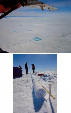 Figure 4. Top, melt ponds formed early in the 2016 season in southwestern Greenland; Bottom, a core of the upper snow layers allows MacFerrin and colleagues to observe past melt layers. Increased density of Greenland's snow is due to increased melting and re-freezing.