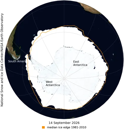 NASA Blue Marble image shows Antarctic sea ice on September 14, 2026, when sea ice likely reached its maximum extent for the year NASA Blue Marble image shows Antarctic sea ice on September 14, 2026, when sea ice likely reached its maximum extent for the year