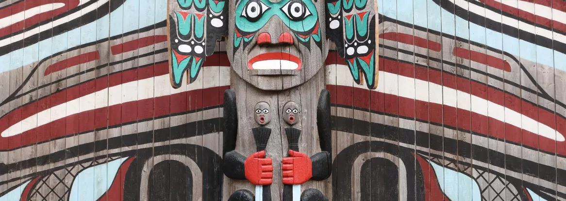 A brightly colored totem in Alaska