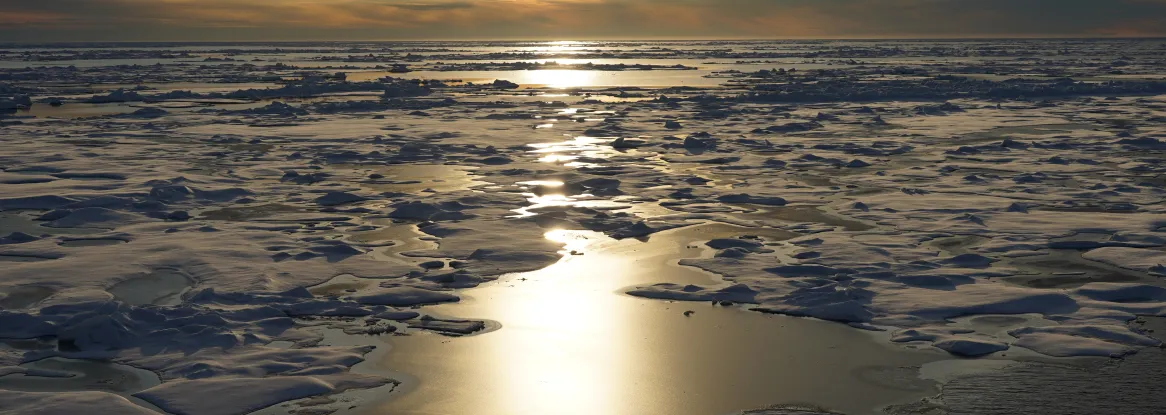 The sun sets over Arctic sea ice