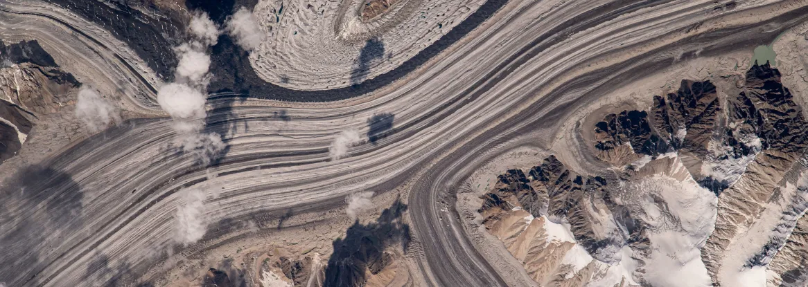 Aerial photo of Karakoram glaciers from International Space Station
