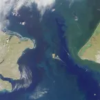 Terra satellite image uses the multi-angle imaging spectroradiometer (MISR) instrument to visualize the Bering Strait, with the Chukchi Sea to the north. Russia is on the left, Alaska is on the right. Terra satellite image uses the multi-angle imaging spectroradiometer (MISR) instrument to visualize the Bering Strait, with the Chukchi Sea to the north. Russia is on the left, Alaska is on the right.