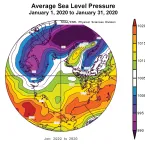Plot shows average sea level pressure in the Arctic in millibars (hPa) from January 1, 2020 to January 31, 2020. Plot shows average sea level pressure in the Arctic in millibars (hPa) from January 1, 2020 to January 31, 2020.