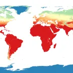 This plot shows global snow class climatology, with no snow in red, ephemeral snow in orange, transitional snow in yellow, seasonal snow in green, and perennial snow in blue. 