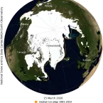 NASA blue marble of Arctic sea ice extent on March 15, 2026